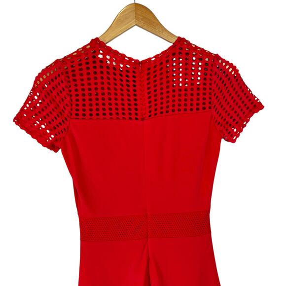 Michael Kors Short Sleeve Mesh Panel Fit and Flare Mini Dress Red Evening Party - Picture 6 of 11